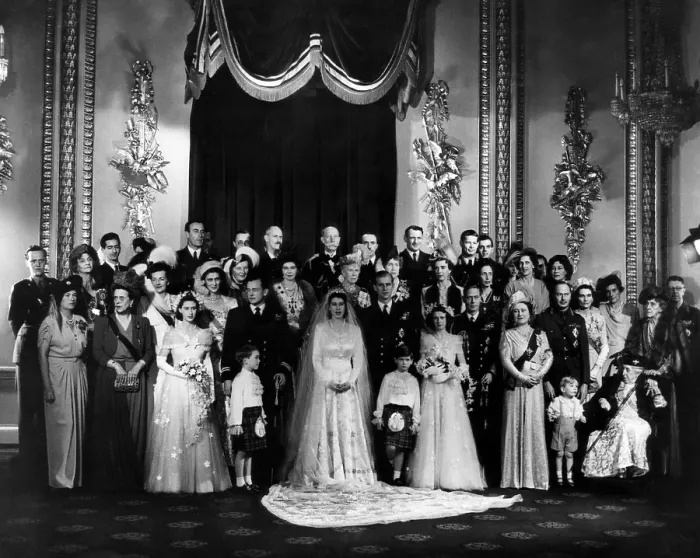 Framed Print : The marriage of Princess Elizabeth (the future Queen Elizabeth II), to Prince Philip: Front row: Princess Margaret (third from left), Princess Elizabeth (center), Prince Philip