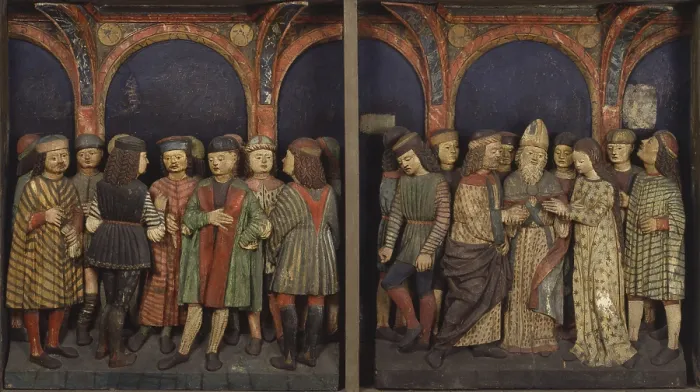 Framed Print : Marriage of the Virgin, by Ambrogio Donati, Giovan Pietro Donati, 1495 - 1498, 15th Century, wooden painted bass-relieves - Italy, Lombardy, Lodi, Civic Museum. Detail