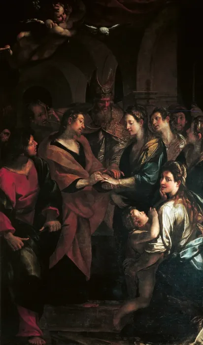 Framed Print : Marriage of the Virgin, by Giulio Cesare Procaccini, 1617 about, 17th Century, oil on canvas, cm 375 x 227 - Italy, Emilia Romagna, Parma, National Gallery. All