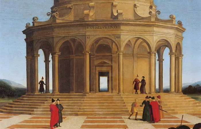 Framed Print : The Marriage of the Virgin, by Raffaello Sanzio, 1504, 16th Century, oil on panel, cm 170 x 118 - Italy, Lombardy, Milan, Brera Art Gallery. Detail
