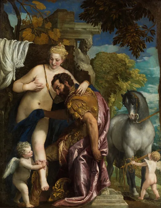Framed Print : MARS AND VENUS UNITED BY LOVE, by Paolo Veronese, 1570s, Italian Renaissance painting. Cupid binds Mars to Venus with a love knot Framed Print : MARS AND VENUS UNITED BY LOVE, by Paolo Veronese, 1570s, Italian Renaissance painting. Cupid binds Mars to Venus with a love knot