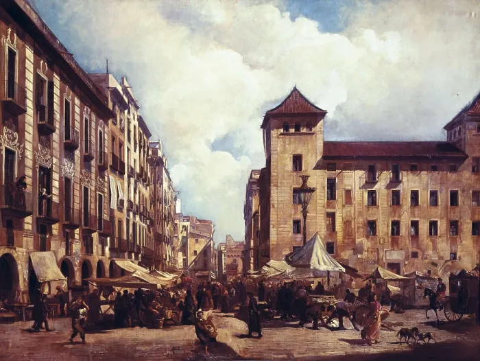 Framed Print : MARTI i ALSINA, Ramon (1826-1894). Els Encants Vells (The Old Market). 2nd half 19th c. Barcelona street market. Naturalism. Oil on canvas. SPAIN. El Vendrell