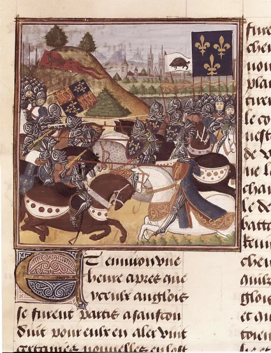 Framed Print : MARTIAL D'AUVERGNE, (1430-1508). Vigils of Charles VII. 1484. Fight of Joan of Arc and the Constable of Richemont against the English in Patey on 18th June 1429 Framed Print : MARTIAL D'AUVERGNE, (1430-1508). Vigils of Charles VII. 1484. Fight of Joan of Arc and the Constable of Richemont against the English in Patey on 18th June 1429