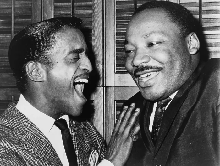 Framed Print : Martin Luther King (1929-1968) and entertainer Sammy Davis Jr. (1925-1990) share a laugh in Davis dressing room at New York's Majestic Theater in 1965