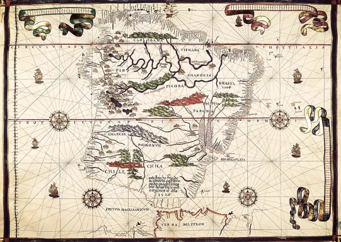 Framed Print : MARTINES, Joan (1556-1591). Catalan or Majorcan cartographer. Royal cartographer of Philip II of Spain. Portolan chart, 1587. Map of South America. Made in Messina
