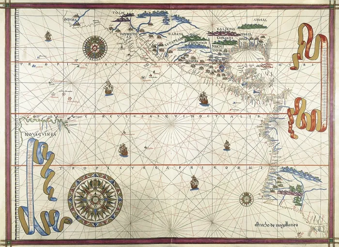 Framed Print : MARTINES, Joan (1556-1591). Catalan or Majorcan cartographer. Royal cartographer of Philip II of Spain. Portolan chart made in Messina 1587. Map of the Pacific Ocean
