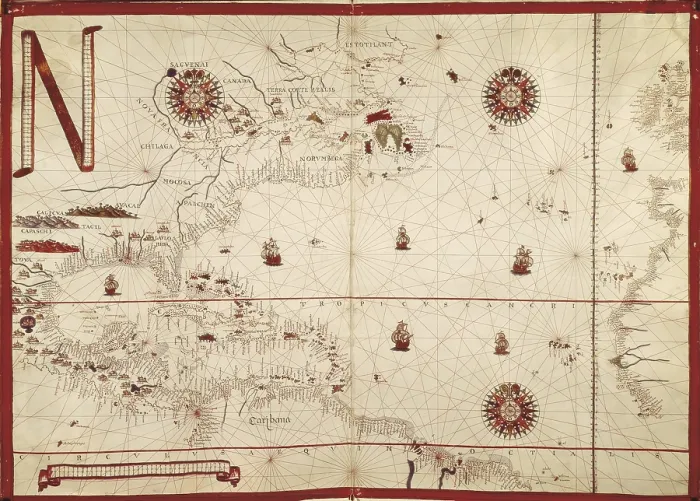 Framed Print : MARTINES, Joan (1556-1591). Catalan or Majorcan cartographer. Royal cartographer of Philip II of Spain. Portolan chart made in Messina. 1587. Map of the North Atlantic Ocean