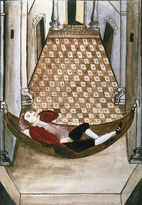 Framed Print : MARTiNEZ COMPAnoN Y BUJANDA, Baltasar Jaime (1735-1797). Trujillo del Peru en el siglo XVIII. 1782 - 1785. Vol. II. Illustration 7. Spaniard in a hammock. Engraving; Watercolour Framed Print : MARTiNEZ COMPAnoN Y BUJANDA, Baltasar Jaime (1735-1797). Trujillo del Peru en el siglo XVIII. 1782 - 1785. Vol. II. Illustration 7. Spaniard in a hammock. Engraving; Watercolour