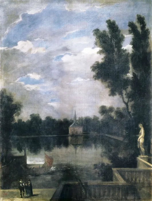 Framed Print : MARTINEZ DEL MAZO, Juan Bautista (1612-1667). A Pond of the Buen Retiro. ca. 1637. Baroque art. Oil on canvas. SPAIN. Madrid. Prado Museum