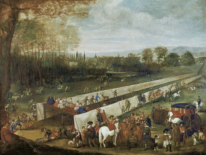 Framed Print : MARTINEZ DEL MAZO, Juan Bautista (1612-1667). La Caceria del Tabladillo, Aranjuez. 1630s. Seated on the grandstand: Queen Elisabeth of Bourbon and Medici and her ladies