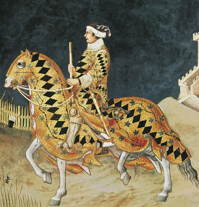 Framed Print : MARTINI, Simone di Martino, called Simone (1284-1344). Equestrian portrait of Guidoriccio da Fogliano. 1328-1330. ITALY. Siena. Public Palace. Upper center detail Framed Print : MARTINI, Simone di Martino, called Simone (1284-1344). Equestrian portrait of Guidoriccio da Fogliano. 1328-1330. ITALY. Siena. Public Palace. Upper center detail