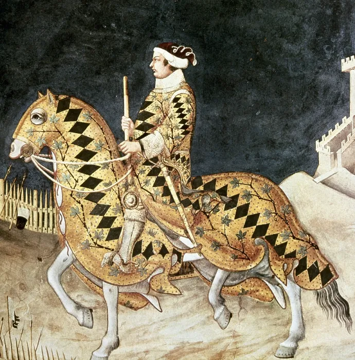 Framed Print : MARTINI, Simone di Martino, called Simone (1284-1344). Equestrian portrait of Guidoriccio da Fogliano. 1328-1330. ITALY. Siena. Public Palace. Upper center detail Framed Print : MARTINI, Simone di Martino, called Simone (1284-1344). Equestrian portrait of Guidoriccio da Fogliano. 1328-1330. ITALY. Siena. Public Palace. Upper center detail