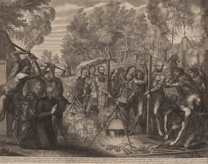 Framed Print : Martyrdom of Fathers Isaac Jogues, Jean de Brebeuf, Gabriel Lalemand, is depicted in the foreground. That of Anton Daniel, and Charles Garnier, is seen in the background