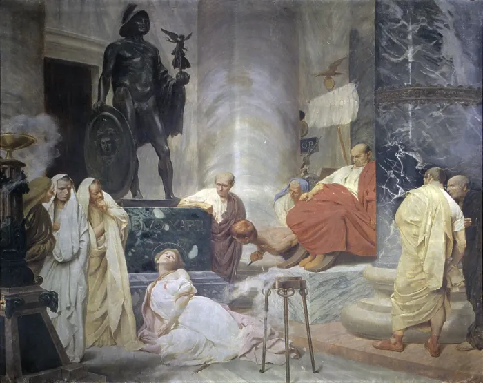 Framed Print : Martyrdom of Saint Justine, by Vittorio Emanuele Bressanin, 1890, 19th Century, canvas - Italy, Veneto, Rovigo, Church of the Saints Francis and Justine. Whole artwork view