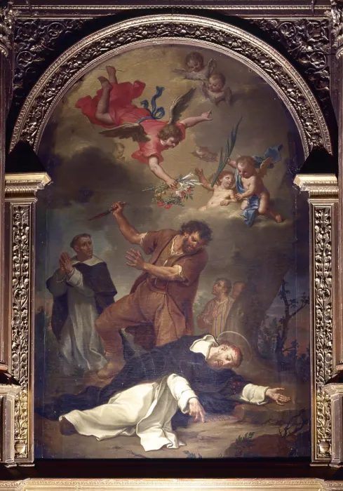 Framed Print : Martyrdom of St. Peter of Verona, by Bortolo Litterini, 1707, 18th Century, oil on canvas - Italy, Lombardy, Alzano Lombardo, Parish Church of St. Peter Martyr