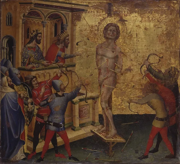 Framed Print : Martyrdom of St. Sebastian, by Nicoletto Semitecolo, 14th century, panel. - Italy, Veneto, Padua, Cathedral of Santa Maria Assunta. Whole artwork view. St Framed Print : Martyrdom of St. Sebastian, by Nicoletto Semitecolo, 14th century, panel. - Italy, Veneto, Padua, Cathedral of Santa Maria Assunta. Whole artwork view. St