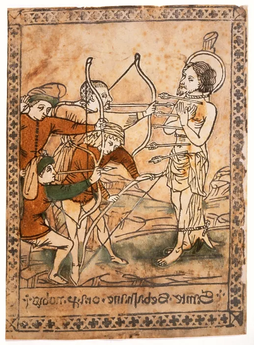 Framed Print : Martyrdom of St. Sebastian, by Unknown Artist, 1430, 15th Century, woodcut on paper - Italy, Emilia Romanga, Ravenna, Classense Library. Whole artwork view. St Framed Print : Martyrdom of St. Sebastian, by Unknown Artist, 1430, 15th Century, woodcut on paper - Italy, Emilia Romanga, Ravenna, Classense Library. Whole artwork view. St