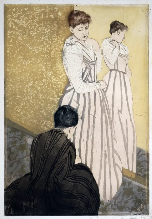 Framed Print : Mary Cassatt etching, THE FITTING, 1891. Cassatt influenced American collectors to acquire works of French Impressionists