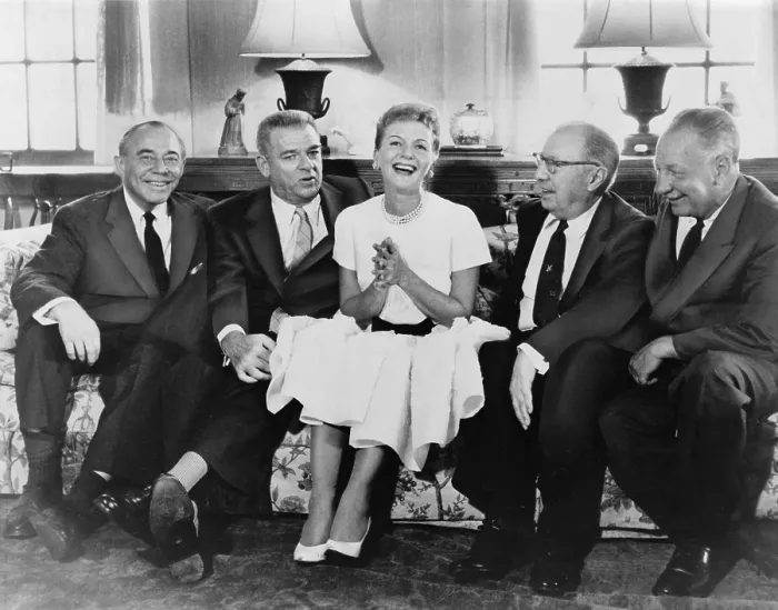 Framed Print : Mary Martin (1913-1990), surrounded by her collaborators prior to the opening of the classic musical comedy, THE SOUND OF MUSIC IN 1959