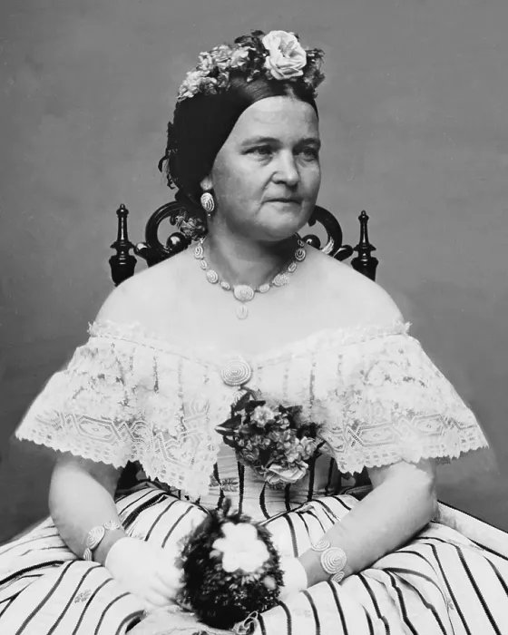 Framed Print : Mary Todd Lincoln (1818-1882), wife of Abraham Lincoln, in a ball gown and flowers in her hair. She was both admired and criticized for her stylish extravagance