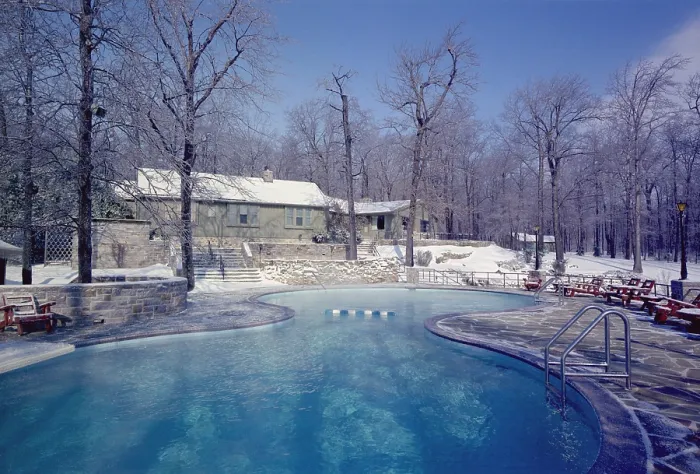 Framed Print : Maryland Presidential Retreat. Camp David Lodge and swimming pool in the winter. Ca. 1969-74