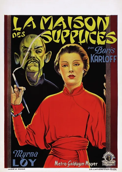 Framed Print : THE MASK OF FU MANCHU, (aka LA MAISON DES SUPPLICES), l-r: Boris Karloff, Myrna Loy on Belgian poster art, 1932