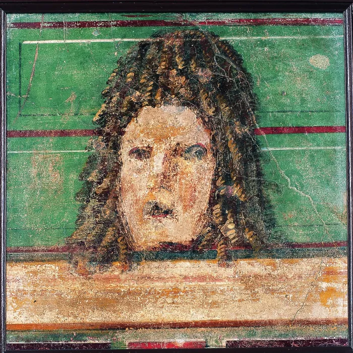 Framed Print : Mask (Maschera), by unknown artist, 1st Century B.D. ripped fresco, 38 x 38 cm - Italy, Campania, Naples, National Archaeological Museum, Room LXIX, inv. 9854 Framed Print : Mask (Maschera), by unknown artist, 1st Century B.D. ripped fresco, 38 x 38 cm - Italy, Campania, Naples, National Archaeological Museum, Room LXIX, inv. 9854