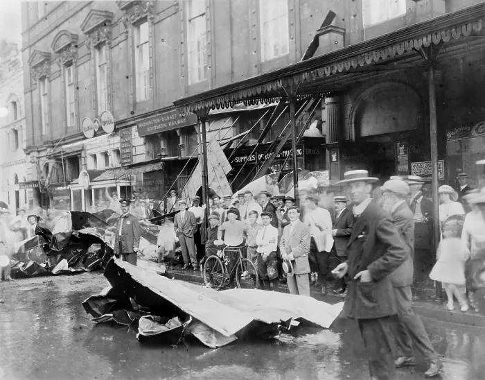 Framed Print : Masonic Hall, crowd looking at large pieces of debris on street, after a cyclone, F Street at 9th Street, now 901 F Street, Washington, DC, photograph July 13, 1913 Framed Print : Masonic Hall, crowd looking at large pieces of debris on street, after a cyclone, F Street at 9th Street, now 901 F Street, Washington, DC, photograph July 13, 1913