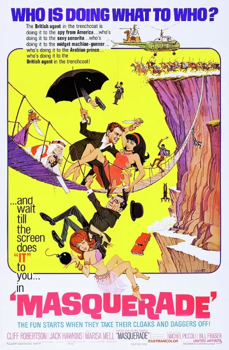 Framed Print : MASQUERADE, US poster, center from left: Cliff Robertson, Marisa Mell, Jack Hawkins (hanging on), 1965