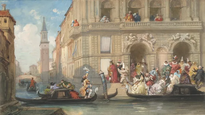 Framed Print : Masqueraders Boarding Gondolas before a Venetian Palazzo, by Eugene Louis Lami, 1869, French painting, watercolor, graphite on paper Framed Print : Masqueraders Boarding Gondolas before a Venetian Palazzo, by Eugene Louis Lami, 1869, French painting, watercolor, graphite on paper