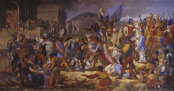 Framed Print : Massacre of Alberico da Romano's family, by Giovanni Demin, 1849 - 1850, 19th century, fresco - Italy, Veneto, Feltre, Berton palace. Whole artwork view