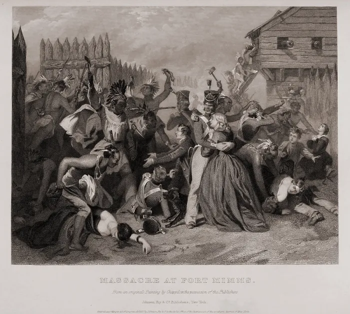 Framed Print : Massacre at Fort Minns. On August 30 1813 Creek Indians killed hundreds of settlers mixed-blood Creeks and militia at Fort Mims 35 miles north of present-day Mobile Alabama