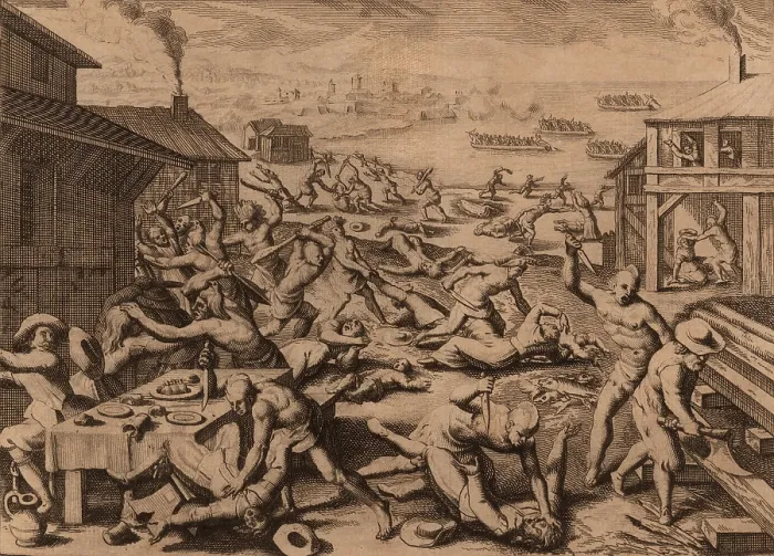 Framed Print : MASSACRE AT JAMESTOWN, VIRGINIA, March 22, 1622. Opechancanough, Powhatan's brother, succeeded him as paramount chief