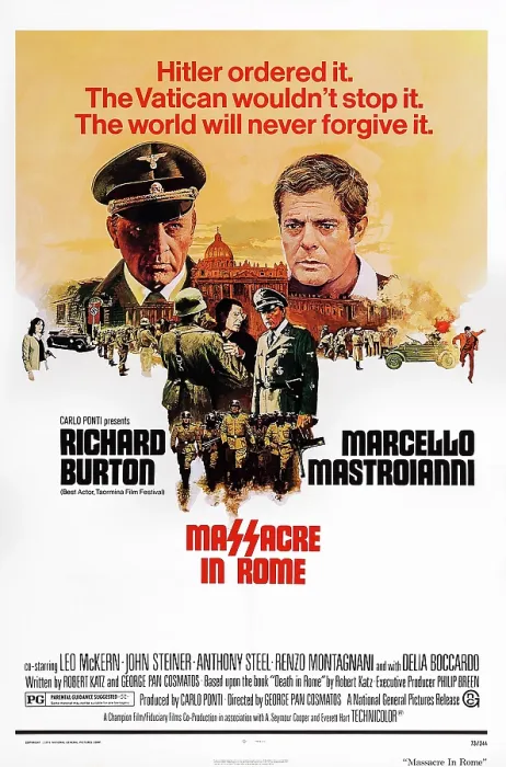 Framed Print : MASSACRE IN ROME, US poster art, from left: Richard Burton, Marcello Mastroianni, 1973