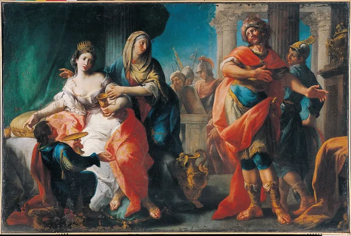 Framed Print : Massinissa Sending the Poison to Sophonisba, by Vincenzo Guarana, 1777, 18th Century, canvas, - Italy, Emilia Romagna, Parma, National Gallery. All Framed Print : Massinissa Sending the Poison to Sophonisba, by Vincenzo Guarana, 1777, 18th Century, canvas, - Italy, Emilia Romagna, Parma, National Gallery. All