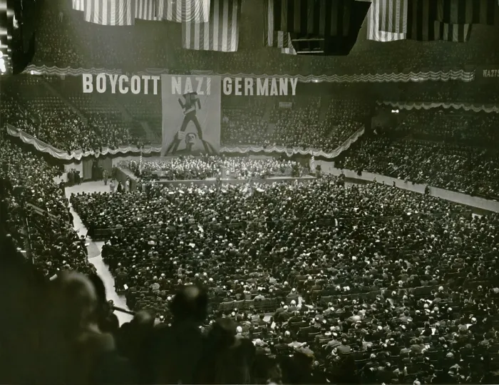 Framed Print : Massive anti-Nazis demonstration calls for a Boycott of Nazi Germany, in Madison Square Garden, New York City, March 15, 1937 Framed Print : Massive anti-Nazis demonstration calls for a Boycott of Nazi Germany, in Madison Square Garden, New York City, March 15, 1937