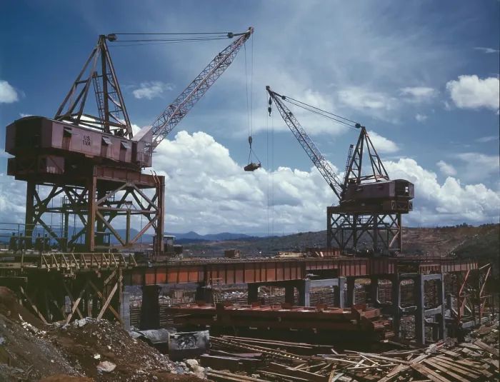 Framed Print : Massive cranes on a steel superstructure during the construction of Douglas Dam, a Tennessee Valley Authority public works project. June 1942 Framed Print : Massive cranes on a steel superstructure during the construction of Douglas Dam, a Tennessee Valley Authority public works project. June 1942