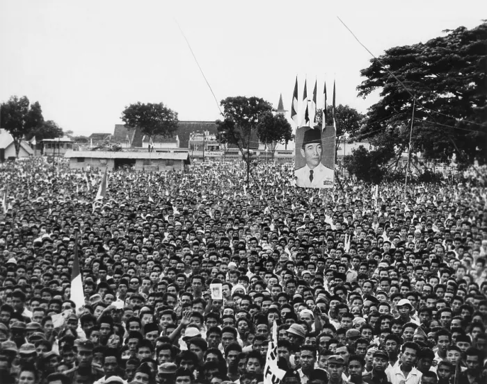 Framed Print : Massive demonstration in favor of President Sukarno in Makassar, Indonesia. After the first volatile decade of independence politics, Sukarno promoted Guided Democracy