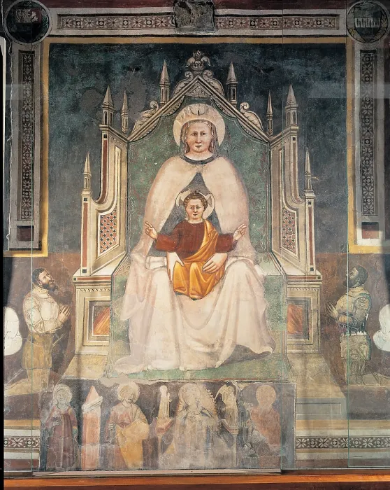 Framed Print : perhaps by Master of Feltre, Madonna and Child, 14th Century, fresco, Italy, Veneto, Treviso