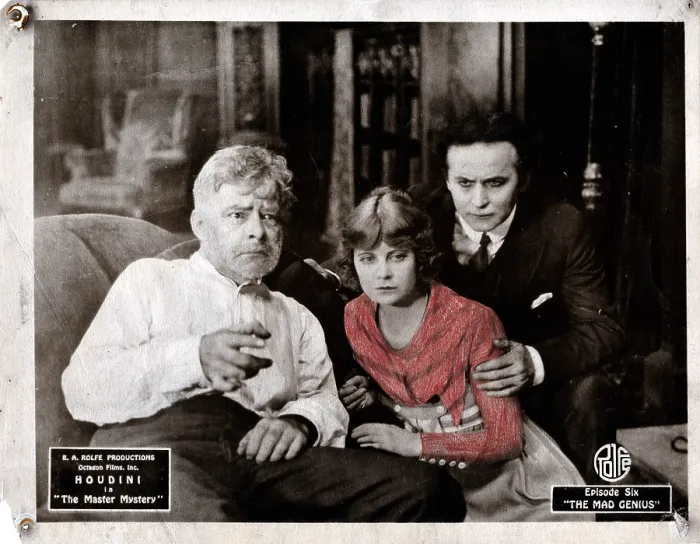 Framed Print : THE MASTER MYSTERY, from left, Jack Burns, Ruth Stonehouse, Harry Houdini, episode six, The Mad Genius, 1919