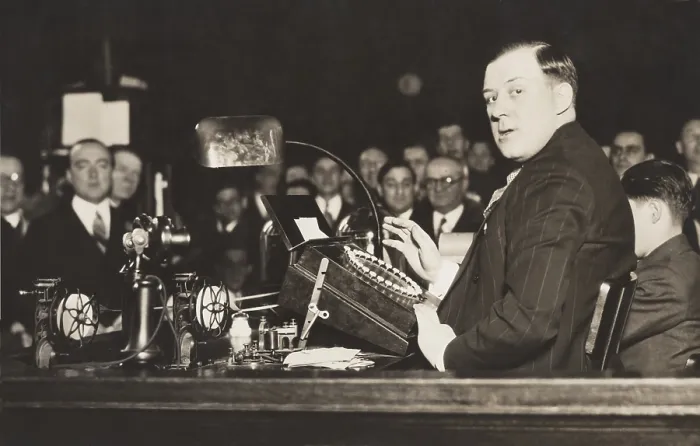 Framed Print : Master ticker and keyboard operator, Robert Hall, of the New York Curb Market, Jan. 24, 1929. He is disseminating quotations over tickers installed throughout the country