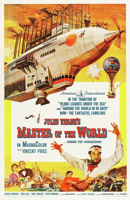 Framed Print : MASTER OF THE WORLD, US poster art, lower right, with arms upraised: Vincent Price; at bottom, from left: Mary Webster, Henry Hull, Charles Bronson