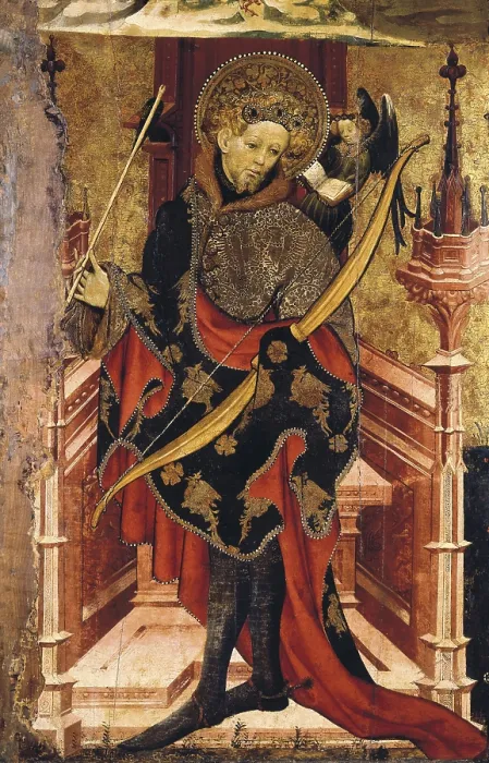 Framed Print : MATES, Joan (14th century-15th century). Saint Sebastian and Crucifixion. ca. 1417 - ca. 1425. Lower detail depicting Saint Sebastian. International gothic. Tempera on wood