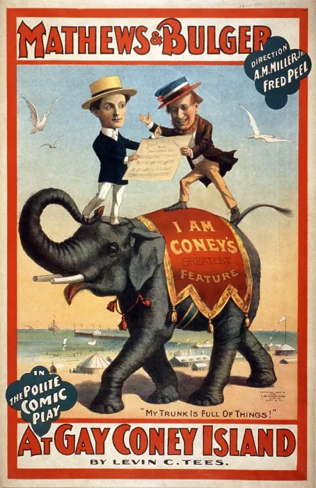Framed Print : Mathews & Bulger in the polite comic play, 'At gay Coney Island' Riding elephants on the beach at Coney Island, New York City, 1896 Framed Print : Mathews & Bulger in the polite comic play, 'At gay Coney Island' Riding elephants on the beach at Coney Island, New York City, 1896