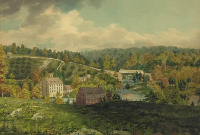 Framed Print : Matthew Newkirk's Mills, Blackwood Town, Delaware, 1828, by John Rubens Smith, pen and watercolor painting