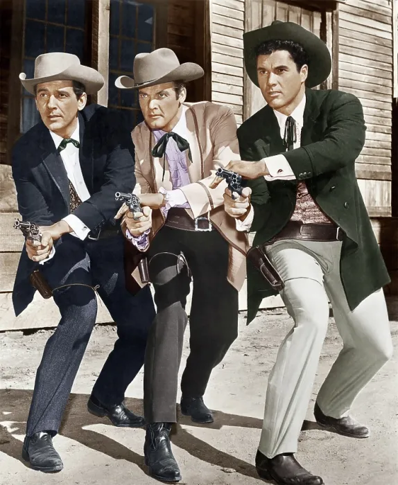 Framed Print : MAVERICK, from left: Jack Kelly, Roger Moore, Robert Colbert, 1957-62