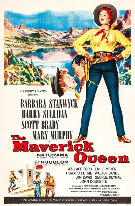 Framed Print : THE MAVERICK QUEEN, top left and right: Barbara Stanwyck, center: Barry Sullivan on poster art, 1956