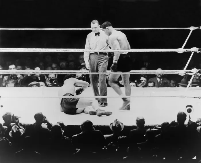 Framed Print : Max Baer (1909-1959), knocked down during a heavyweight fight with Joe Louis, September 24, 1935. Louis won by a knockout
