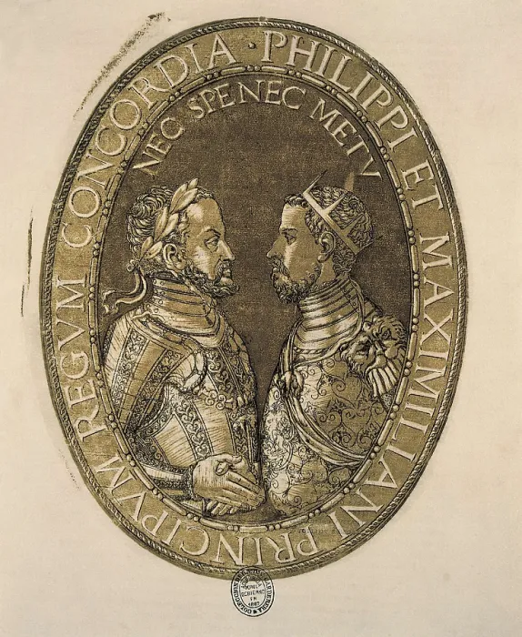 Framed Print : MAXIMILIAN II (1527-1576); PHILIP II of Spain (1527-1598). Portrait of Philip II with Maximilian, symbolizing the concord between both princes. Engraving. SPAIN. Madrid