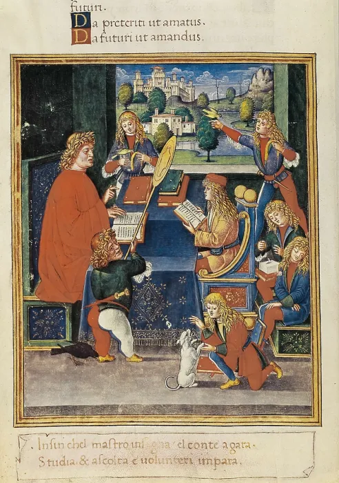Framed Print : Maximiliano Sforza at school, picture of an Italian edition of the Grammar by Elio Donato (16th c.). Renaissance art. Miniature Painting. ITALY. Milan Framed Print : Maximiliano Sforza at school, picture of an Italian edition of the Grammar by Elio Donato (16th c.). Renaissance art. Miniature Painting. ITALY. Milan